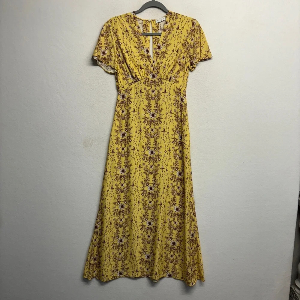 SANDRO Esther Cutout Floral Jaquard Midi‎ Dress in Yellow Cottagecore Prarie 34 - Picture 6 of 14